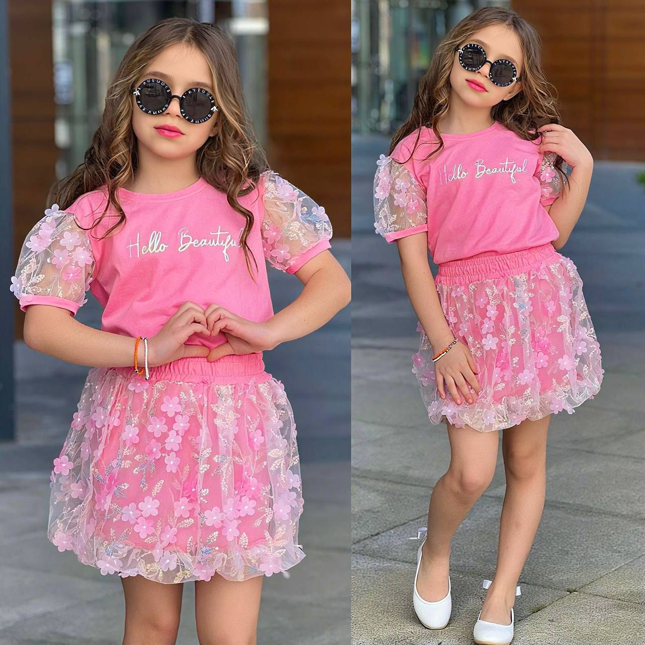 32097 HELLO BEAUTİFUL TÜLLÜ BALON ETEK KIZ TAKIM