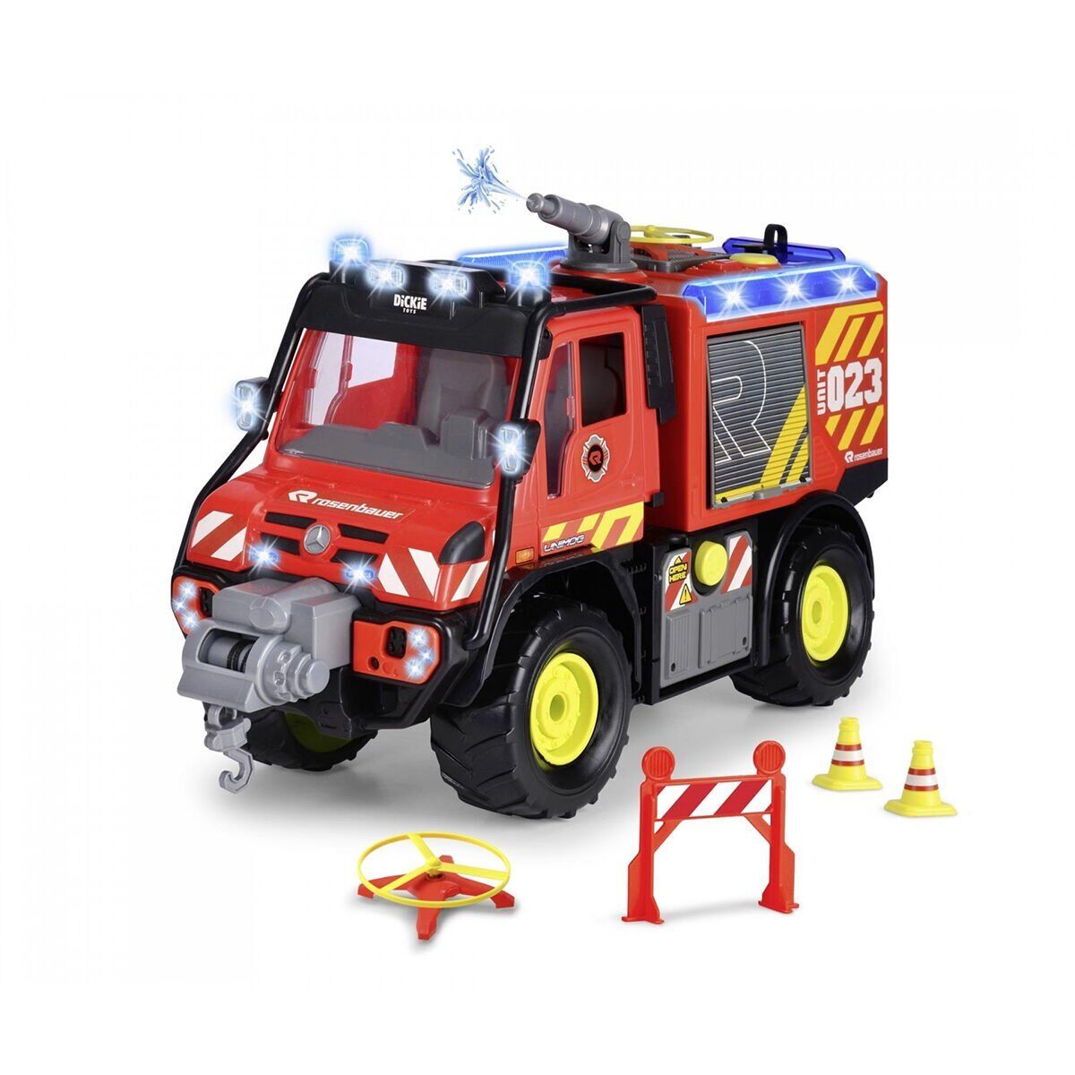 203719033 Dickie Unimog U530 Fire Rescue Freewheel Light Sound Interior Batte
