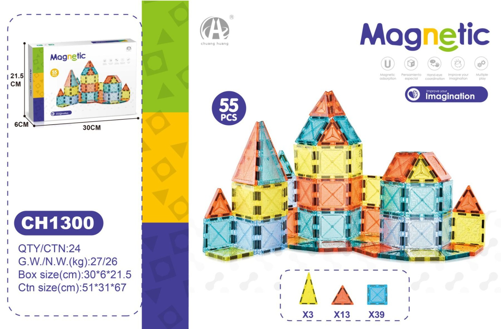 03-Ch1300 5,5 Cm Manyeti̇k Bloklar 55 Pcs
