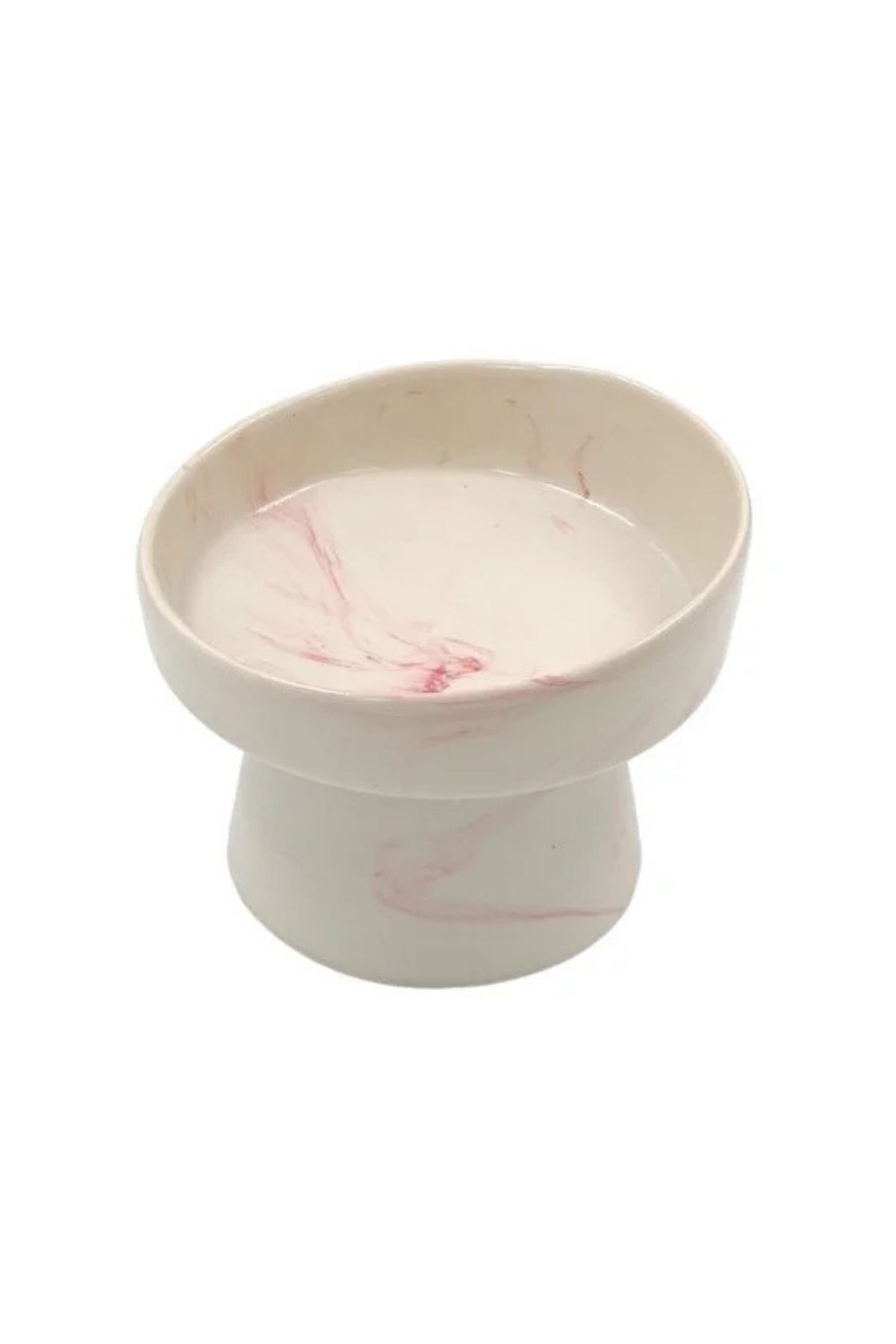 Mermer Desenli Yükseltilmiş Seramik Kedi Mama Ve Su Kabı- Pembe Geçişli