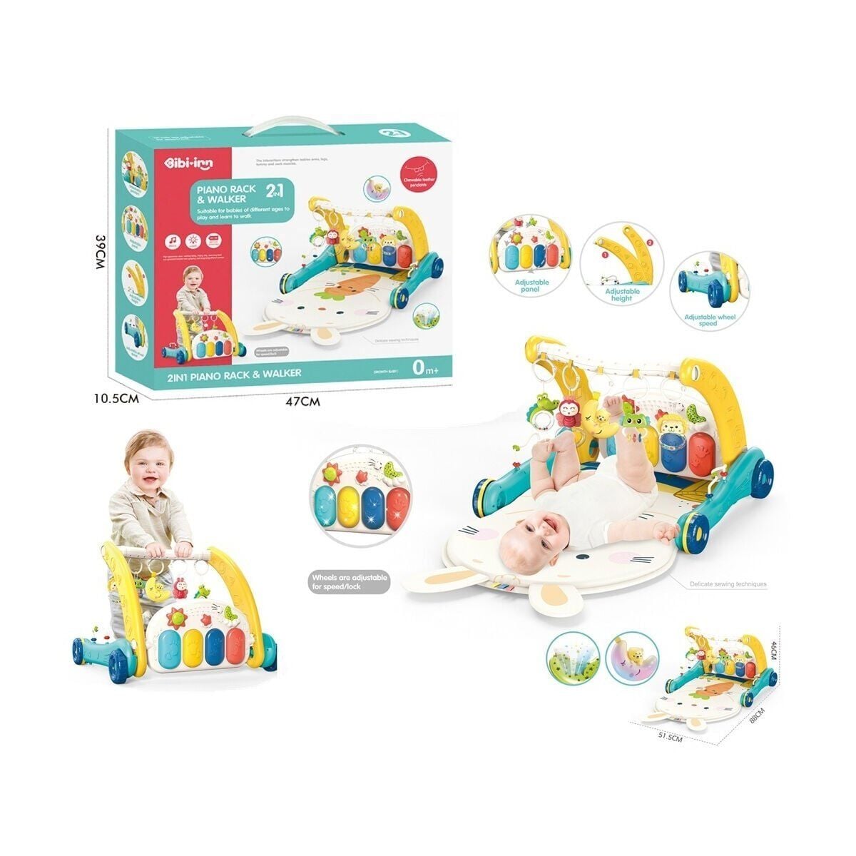 Bib6015-Vardem Piyanolu 2 In 1 Bebek Yürüteci Ve Tavşan Desenli Mavi Oyun Halısı