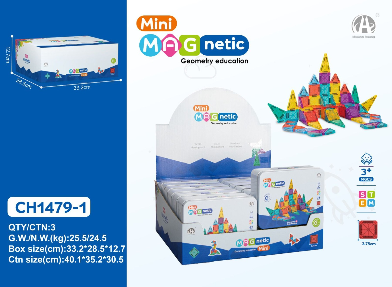Ch1479-1 3.75Cm Mini Magnetic Blok Metal Kutu 78 Pcs