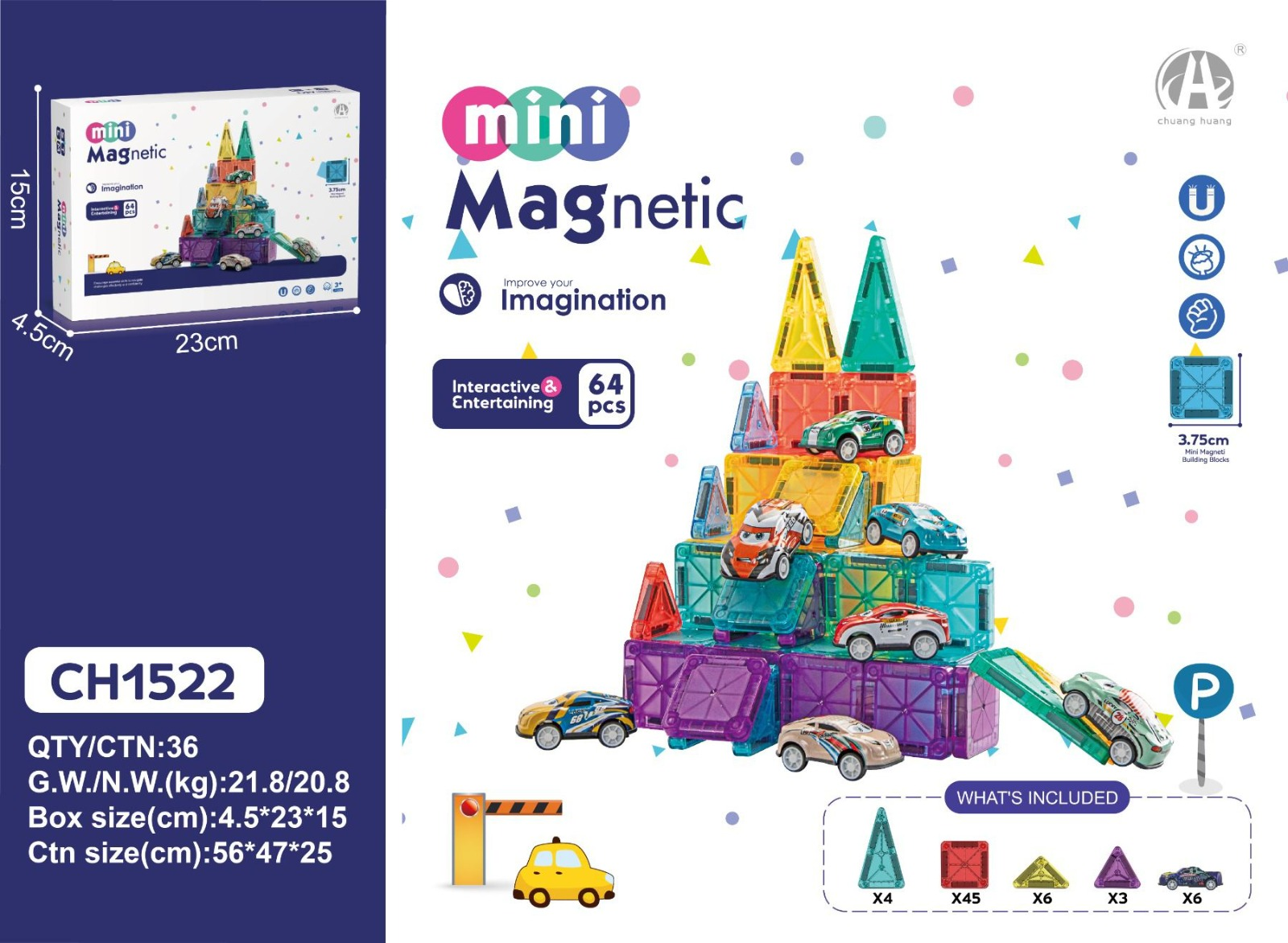 Ch1522 3.75Cm Mini Magnetic Blok 64 Pcs