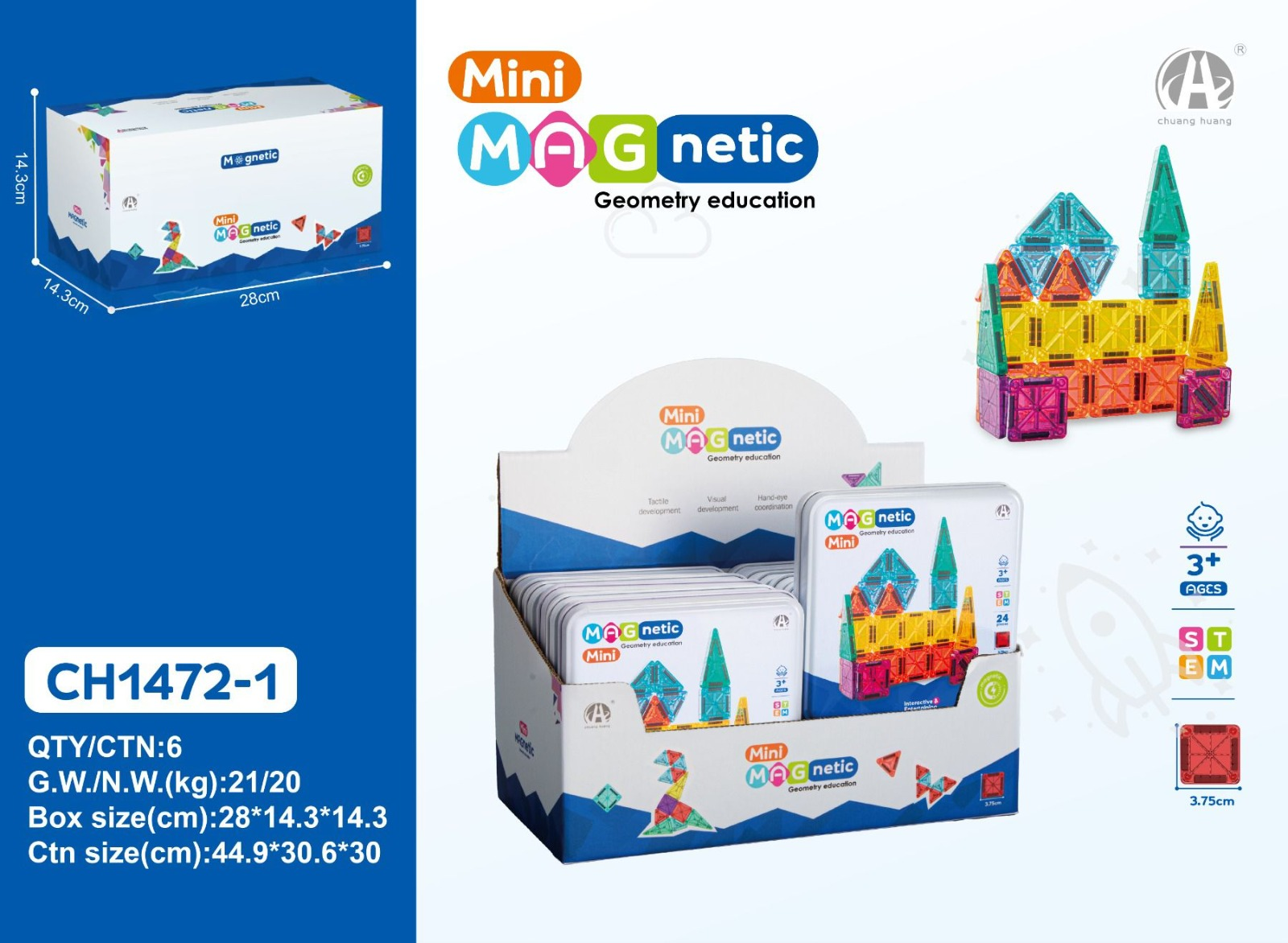 Ch1472-1 3.75Cm Mini Magnetic Blok Metal Kutu 24 Pcs