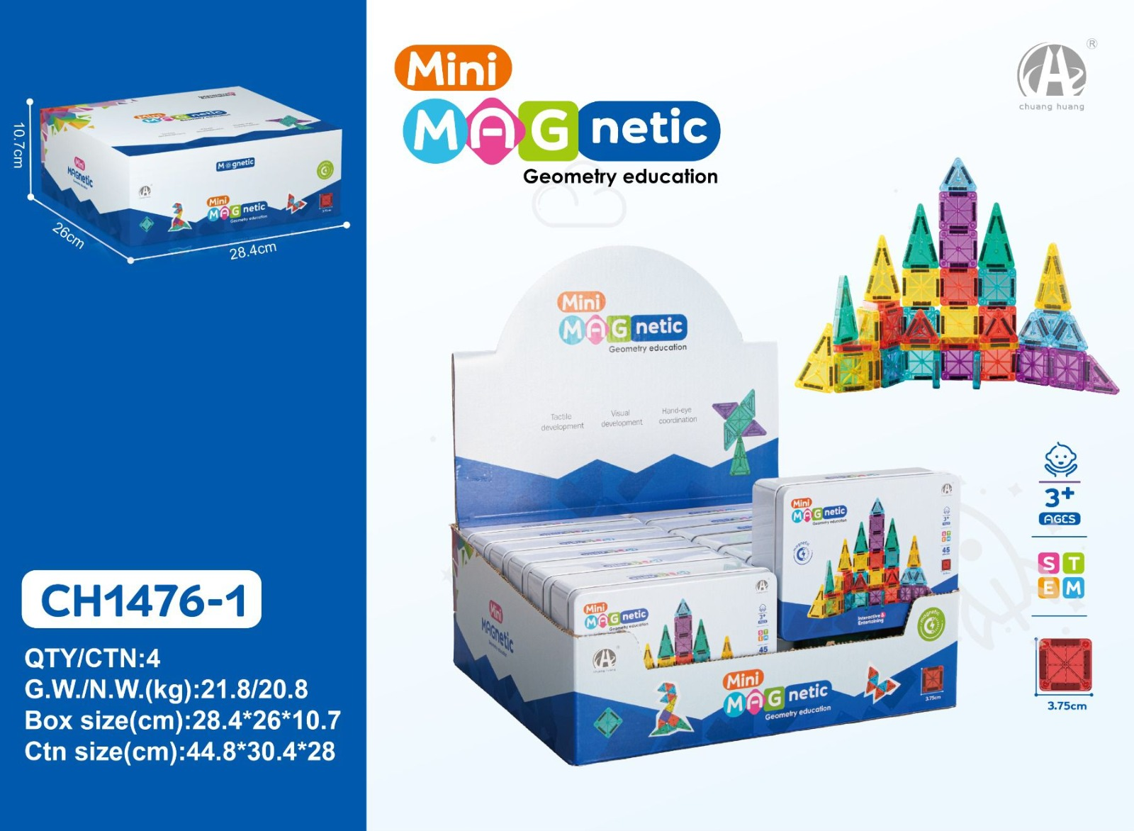 Ch1476-1 3.75Cm Mini Magnetic Blok Metal Kutu 45 Pcs